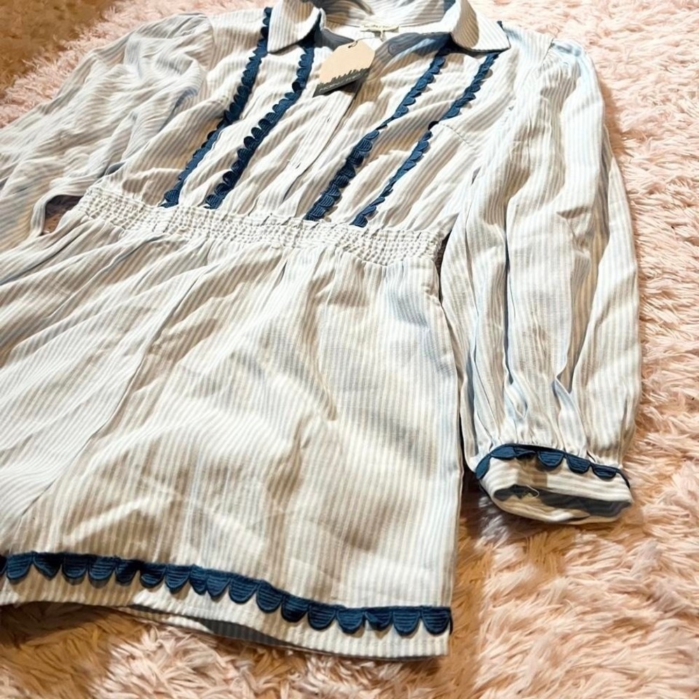 Coastal Linen Blend Scalloped Lace Romper Womens S Old Money Beachy Hamptons - Picture 3 of 6